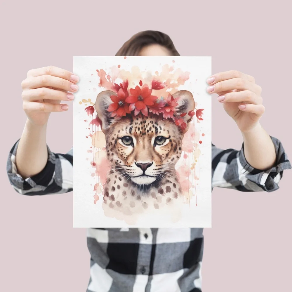 Watercolor Leopard With Flowers Portrait Wall Art Illustration Print Unframed - Picture 4 of 6